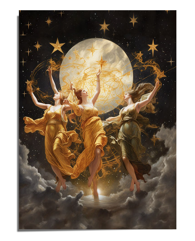 A captivating scene of three ethereal goddesses beneath a glowing golden moon, surrounded by stars and cosmic elements. Their flowing robes and celestial crowns evoke a serene and mystical atmosphere, perfect for those who appreciate spiritual and celestial art.