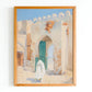 A watercolor painting of a Moroccan doorway with aged, whitewashed walls and a green wooden door. A figure in a white robe walks through the arch, with a clear blue sky overhead. The scene is peaceful and serene, representing Moroccan architecture.