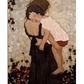 A figurative painting depicting a mother carrying her child on her back. The mother’s black dress contrasts with the child’s white shirt and red shorts. The child is resting peacefully, while the mother’s posture conveys care and protection. The background features floral motifs in soft tones, adding to the intimate and serene atmosphere of the scene.

