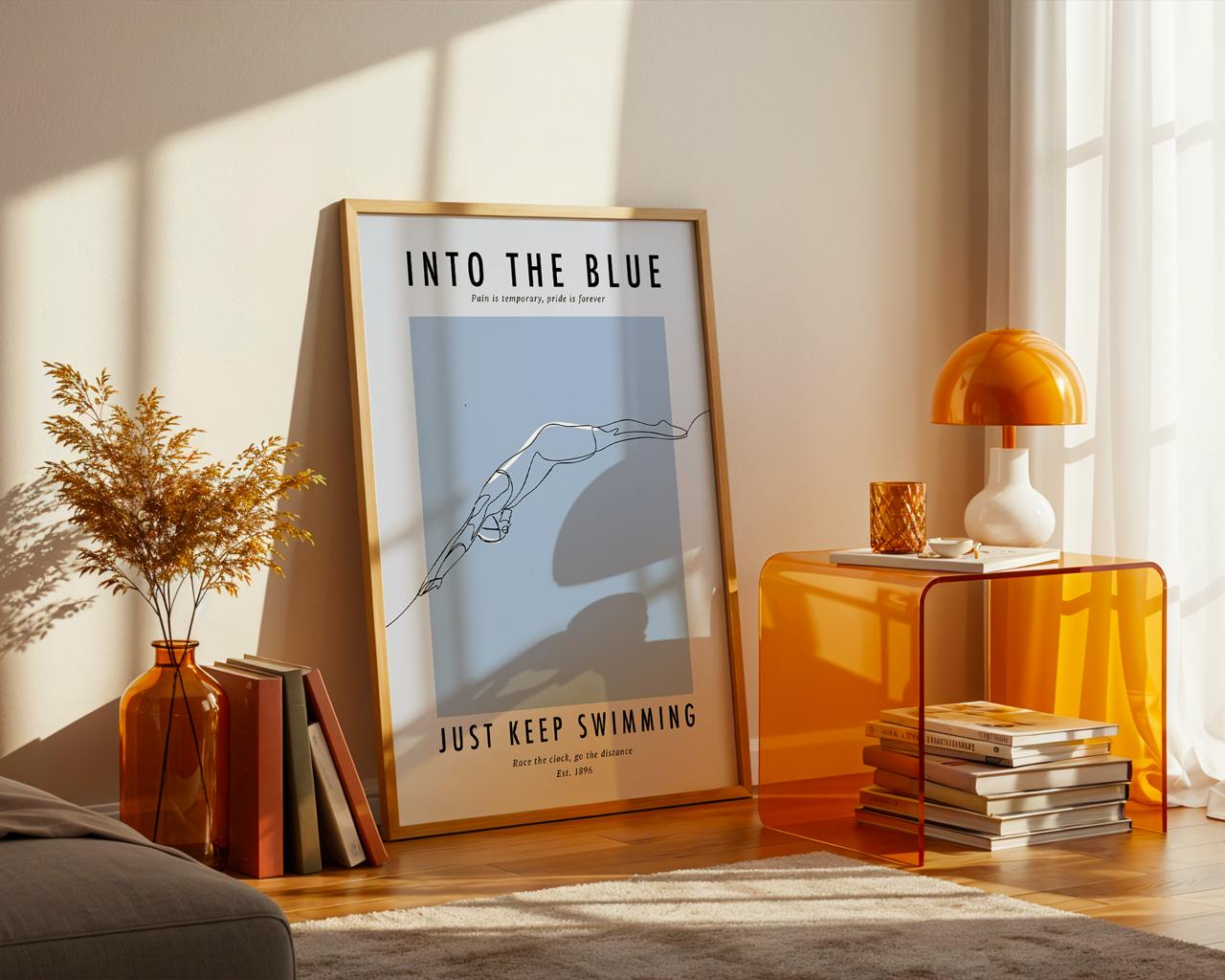 Framed poster with 'Into the Blue' and 'Just Keep Swimming' text in a room with decor elements.