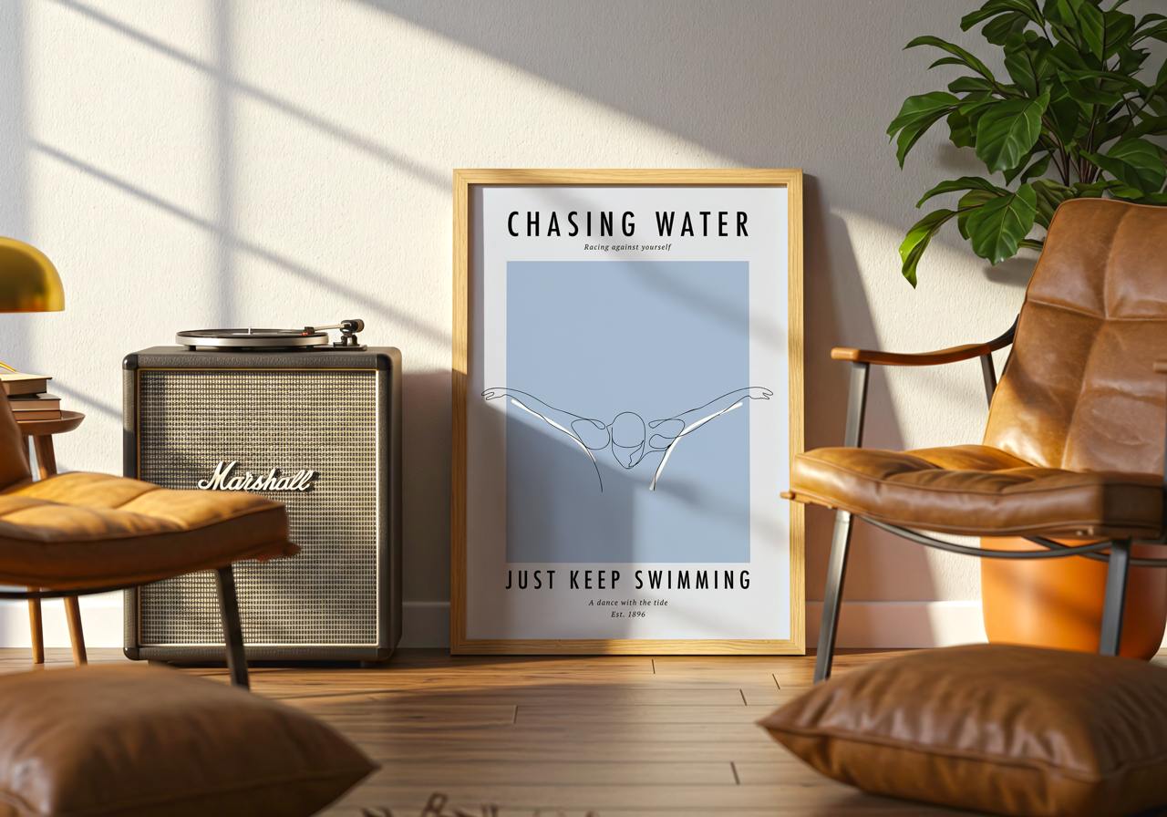 Framed poster with 'Chasing Water, Just Keep Swimming' text in a living room setting.