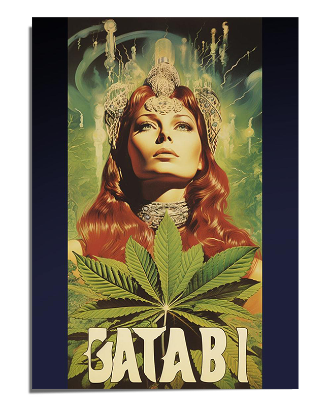 A woman with long, flowing red hair gazes upward with a powerful expression. She wears an ornate jeweled crown and an intricately designed choker. The background is an ethereal green with soft glowing elements, creating a mystical atmosphere. In the foreground, large cannabis leaves frame the lower part of the image.