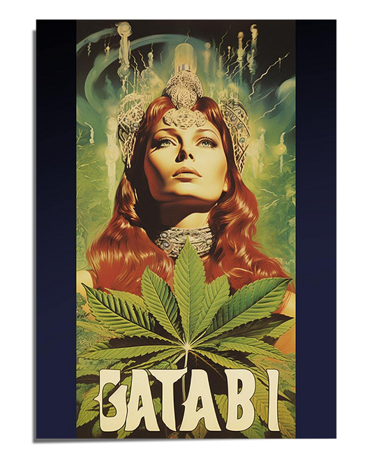 A woman with long, flowing red hair gazes upward with a powerful expression. She wears an ornate jeweled crown and an intricately designed choker. The background is an ethereal green with soft glowing elements, creating a mystical atmosphere. In the foreground, large cannabis leaves frame the lower part of the image.