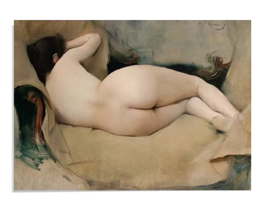 A classic painting of a nude woman lying on her side with her back partially turned toward the viewer. Her dark hair is partially covering her face, and her body is softly illuminated, emphasizing natural curves. The muted color palette and expressive brushwork create a sense of warmth and realism.