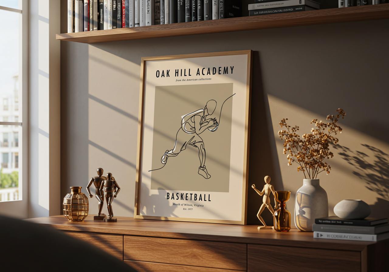 Framed print of a basketball player on a shelf with decorative items