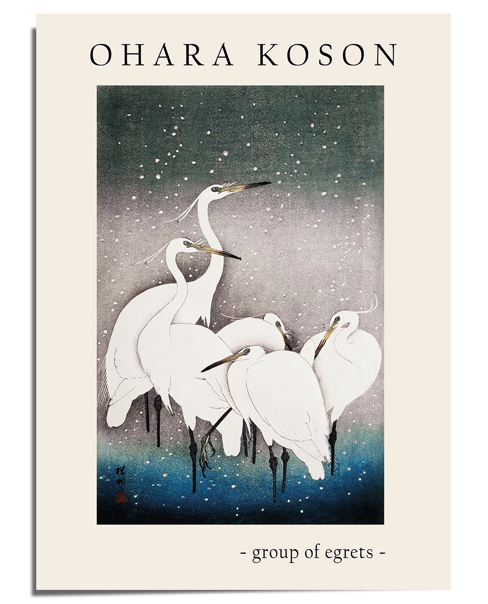 A traditional Japanese-style artwork featuring a group of white egrets standing closely together in a misty setting. The background transitions from a deep blue at the bottom to a soft gray towards the top, with falling snowflakes adding a peaceful atmosphere. The birds’ slender necks and delicate feathers are finely detailed, showcasing Ohara Koson’s signature woodblock print style. The composition is framed by a cream-colored border with the artist’s name at the top and the title "Group of Egrets" at the
