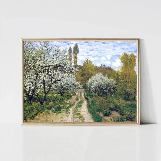 A tranquil landscape painting by Claude Monet featuring a blooming orchard with white flowers on trees. A peaceful, sunlit path runs through the orchard, inviting the viewer to explore the serene surroundings of spring. The soft, vibrant colors of nature create a calming and uplifting atmosphere