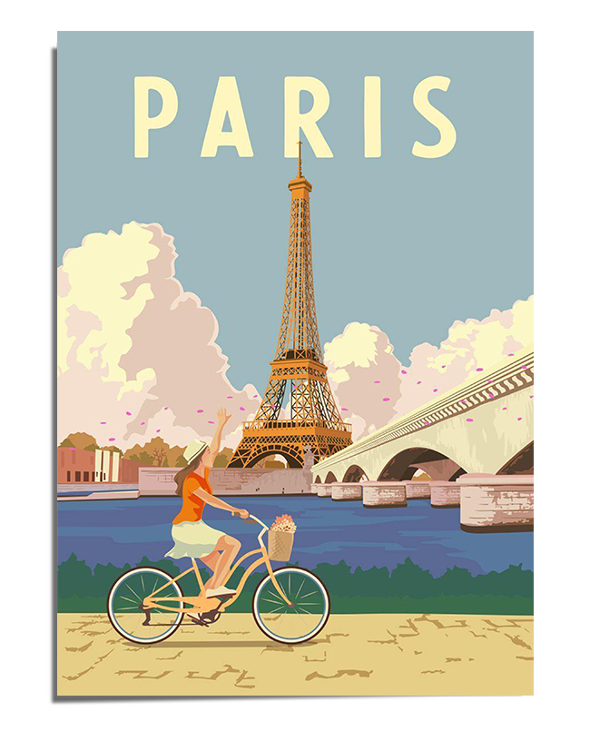 A colorful illustrated poster featuring the Eiffel Tower in the background with a bright blue sky and fluffy clouds. In the foreground, a woman wearing an orange top rides a bicycle along a path, pointing toward the sky. A scenic bridge crosses over a river, adding to the Parisian charm. The word "PARIS" is displayed in bold letters at the top.