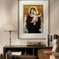 In this image, the "Madonna of the Lilies" print is framed and beautifully displayed in a modern interior. The golden accents and soft tones of the artwork contrast perfectly with the contemporary decor, making it a centerpiece for the room. This Printed Poster brings a sense of calm and grace to any space, be it a living room, bedroom, or study. The intricate details of the lilies and the delicate expressions of the figures make this reproduction a timeless piece of Wall Art, perfect for those who apprecia