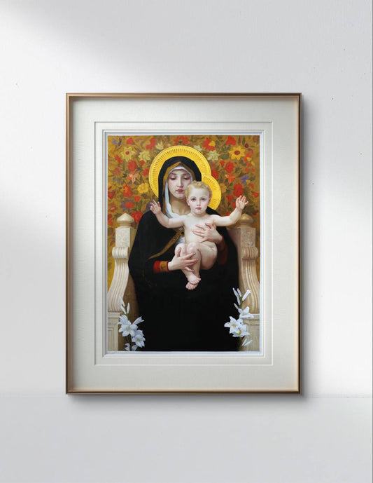 This framed poster of "The Madonna of the Lilies" adds an air of serenity and grace to this modern, minimalist space. The golden halo and soft colors of the painting blend harmoniously with the light walls and neutral furnishings, making the artwork the focal point of the room. This Fine Art Print is ideal for enhancing a home’s interior with its classical and spiritual themes. Whether hung in a living area or a quiet reading nook, this piece is a thoughtful choice for those who admire religious art and cla