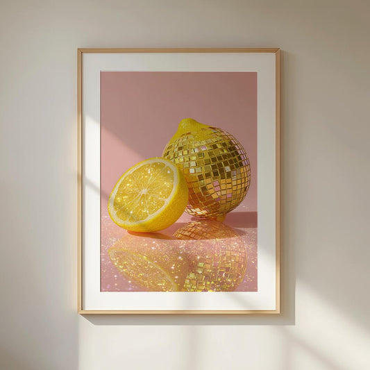 Framed artwork of a disco ball shaped like a lemon on a pink background