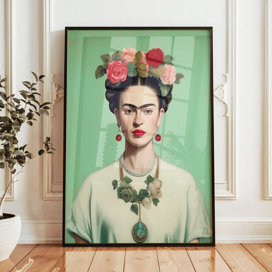 Green Mint Frida Kahlo Portrait Print - Elegant Floral Wall Art