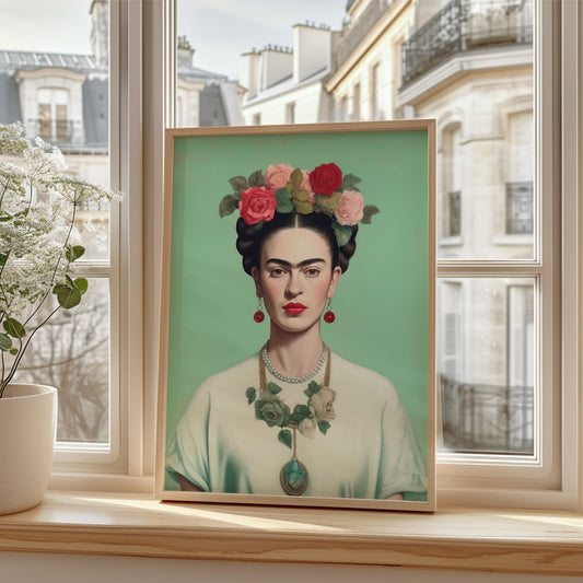 Green Mint Frida Kahlo Portrait Print - Elegant Floral Wall Art