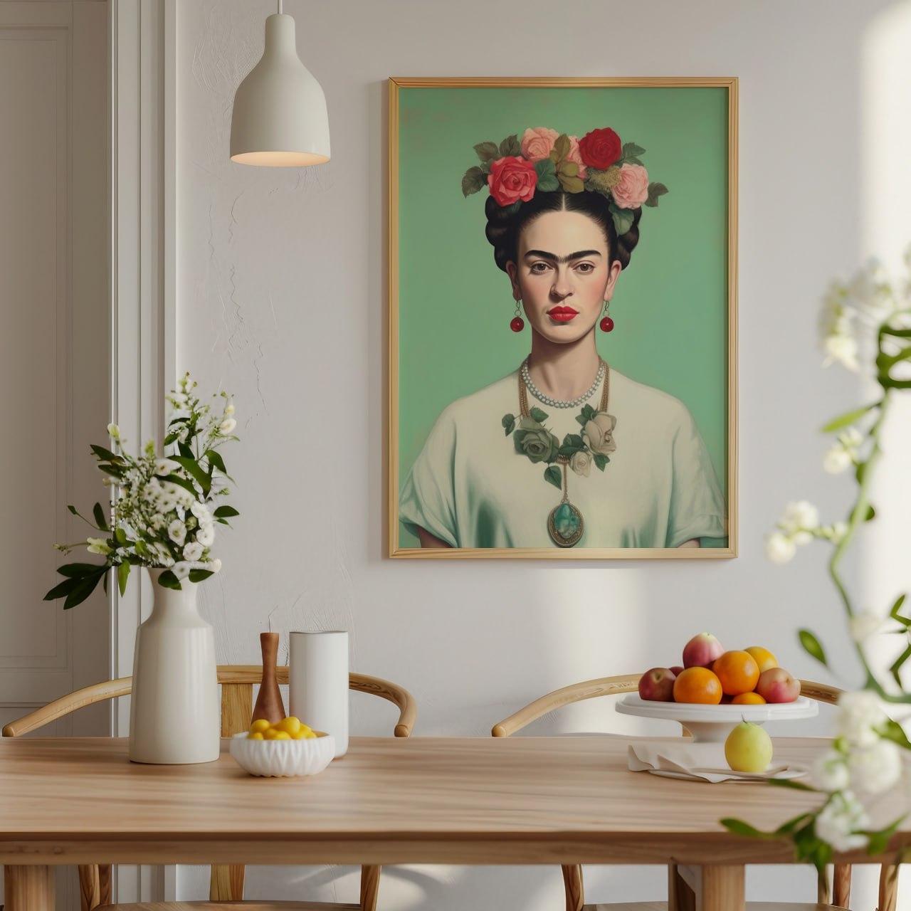 Green Mint Frida Kahlo Portrait Print - Elegant Floral Wall Art