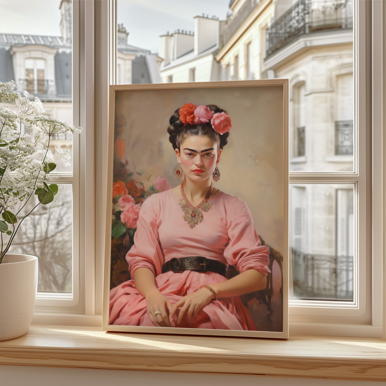 The painting features a portrait of Frida Kahlo, a renowned Mexican artist. She is depicted with dark, expressive eyes and a strong gaze, wearing a pink dress adorned with a black belt. Her hair is styled in traditional fashion, accented with vibrant flowers. The background includes soft floral elements, enhancing the vibrant and bold colors of her attire.