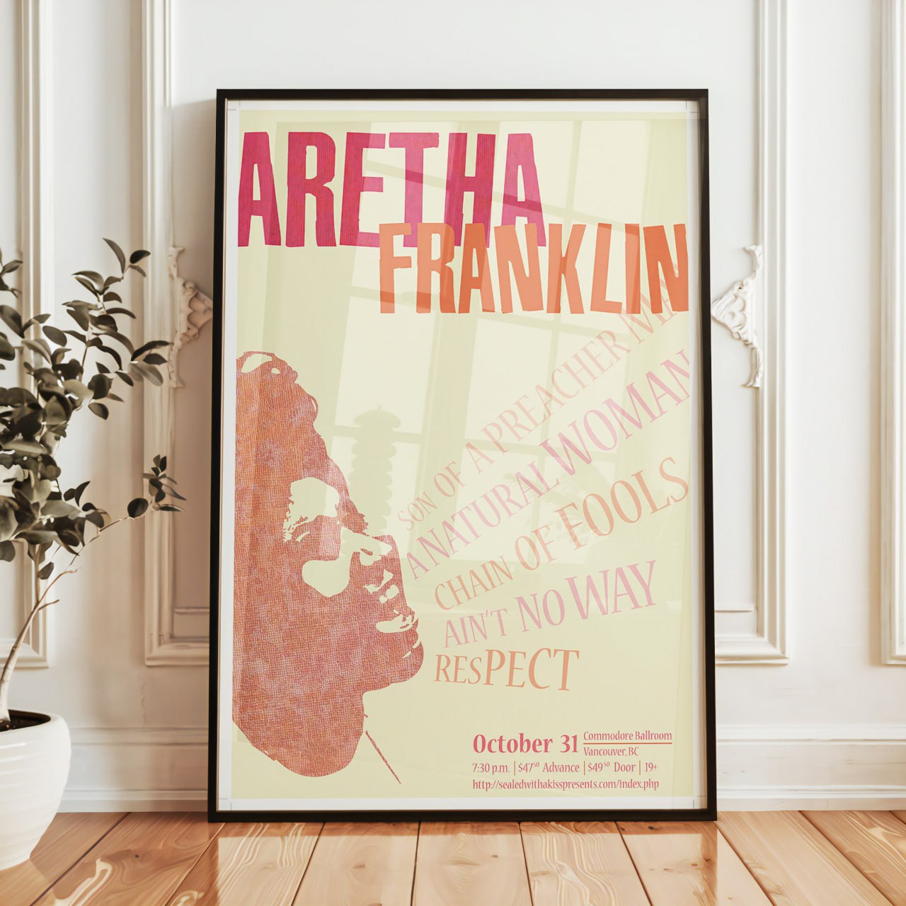 The poster features a vibrant design dedicated to Aretha Franklin. Her name is prominently displayed in bold pink and orange letters. Below, lyrics from her famous songs, such as "Natural Woman" and "Respect," are artistically arranged. The background includes a stylized image of Franklin, celebrating her powerful legacy in music.