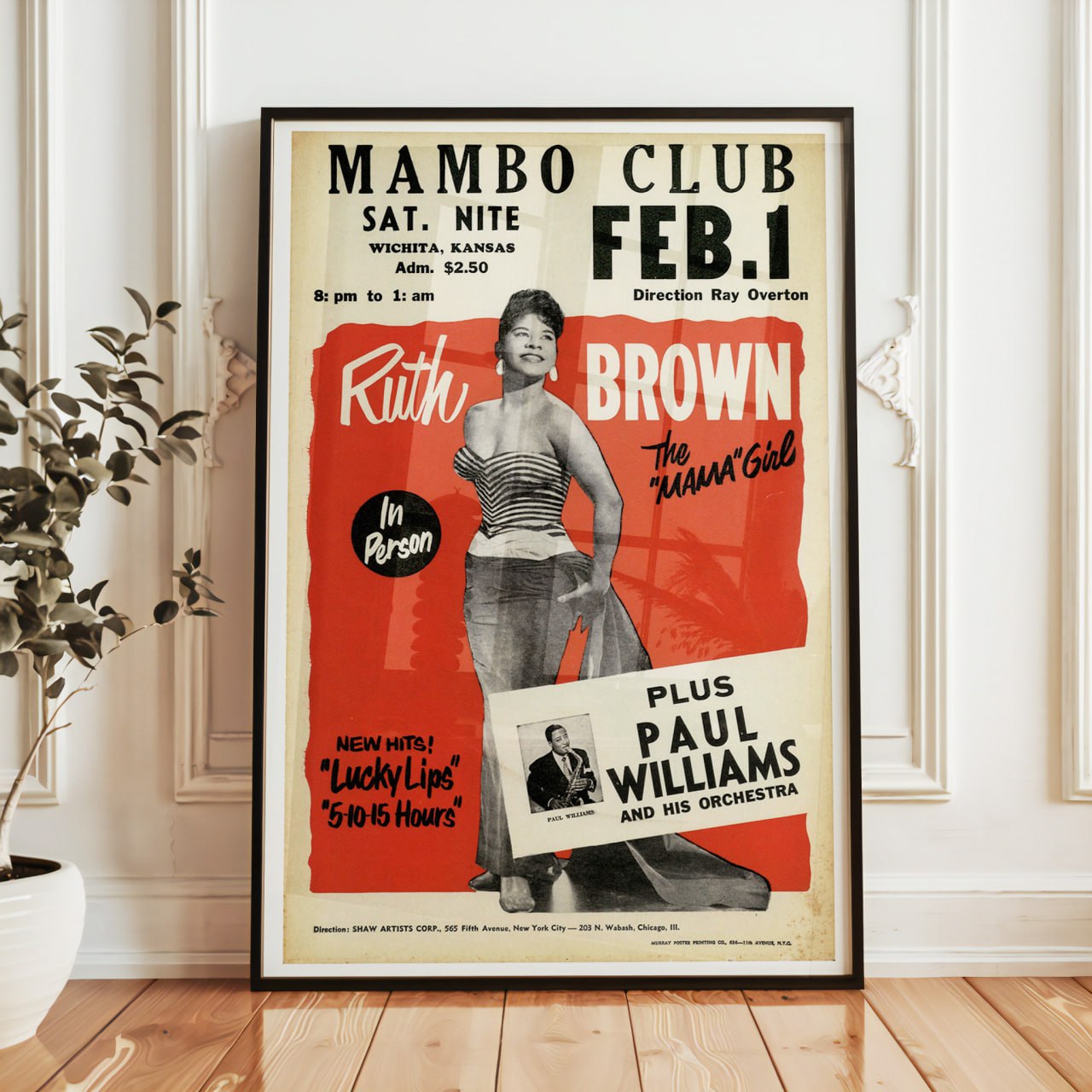 This vintage concert poster promotes a performance at the Mambo Club on February 1st in Wichita, Kansas. The bold red background features a large photo of Ruth Brown, the "Mama" girl, smiling and dressed in a stylish outfit. The poster highlights her appearance "In Person" and notes that the show runs from 8 PM to 1 AM.