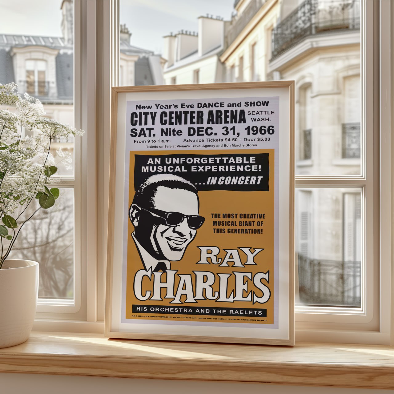 This vintage concert poster promotes a New Year's Eve event featuring Ray Charles. The poster is predominantly white with bold black and yellow text. At the top, it announces a dance and show at the City Center Arena in Seattle on December 31, 1966. Below, there's a large illustration of Ray Charles wearing sunglasses and a broad smile, capturing his vibrant personality.