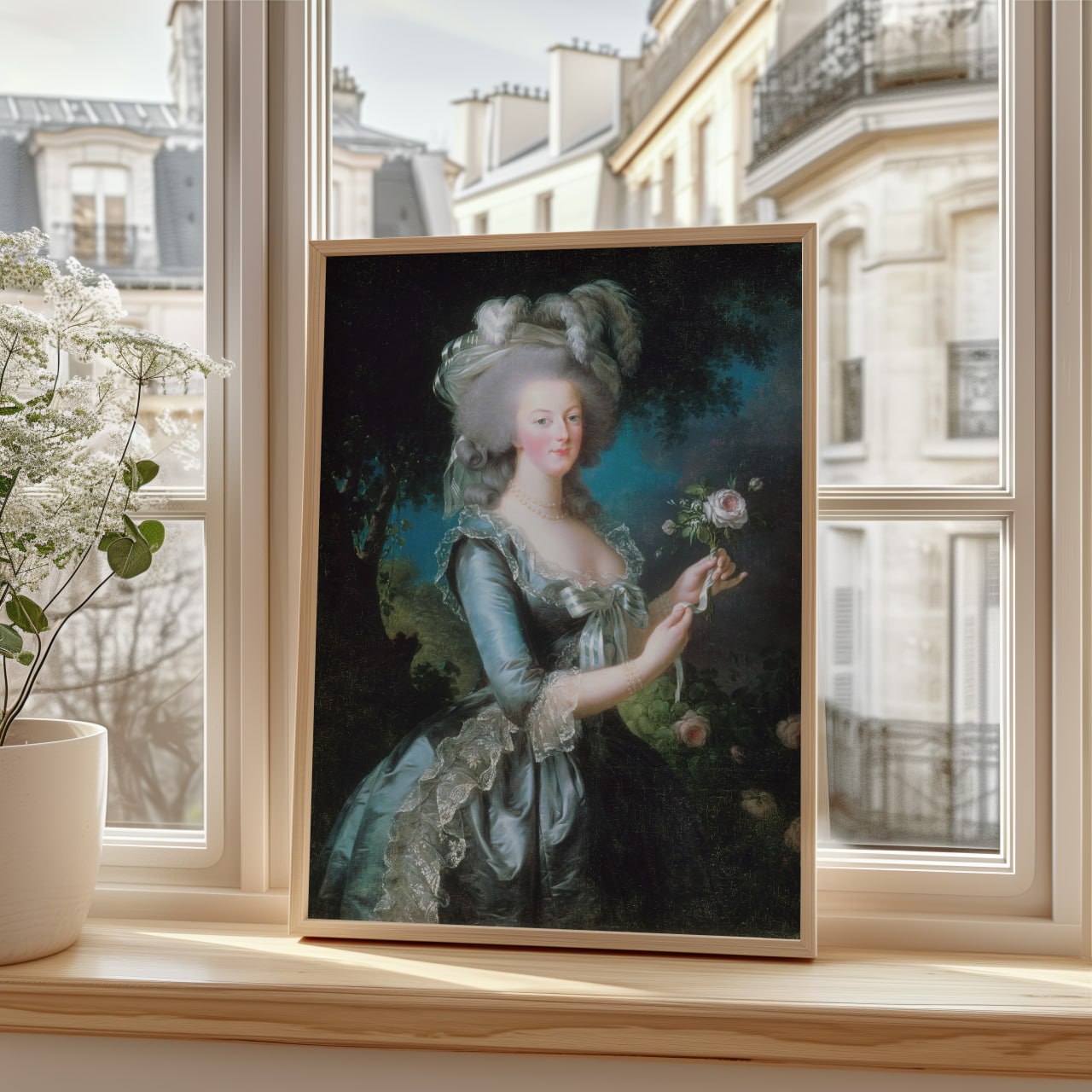 This portrait features Marie Antoinette, the iconic queen of France, depicted in a lavish blue gown adorned with intricate lace and ribbons. She stands gracefully, holding a delicate pink rose in her right hand, while her left hand rests lightly at her side