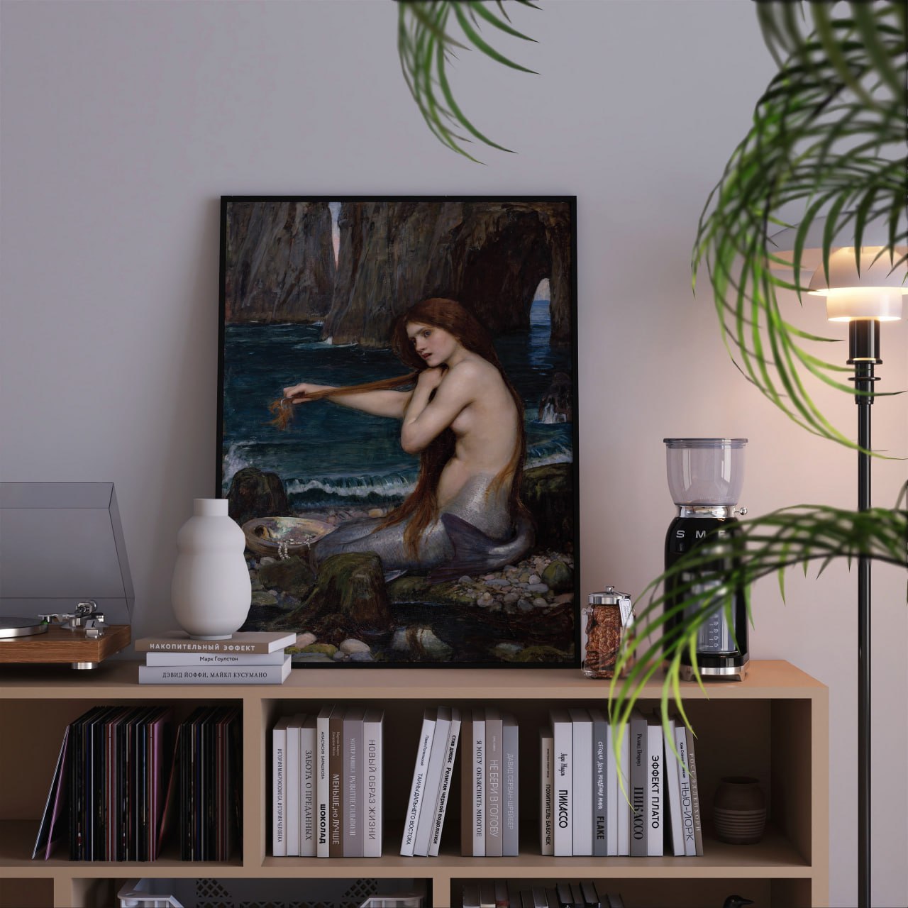 The painting features a beautiful mermaid seated on a rocky shore, partially submerged in the sea. She has long, flowing red hair that cascades down her back, and her upper body is bare, showcasing her graceful figure. The lower half of her body transitions into a shimmering tail, blending with the colors of the ocean.