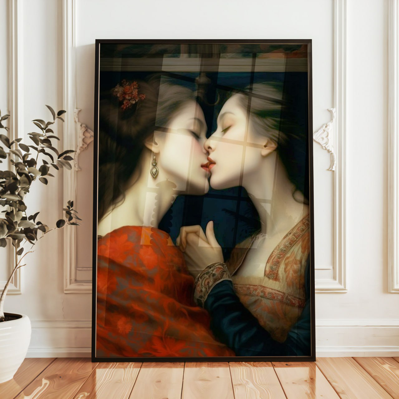 A romantic painting of two women sharing a gentle kiss. Both wear traditional, ornate dresses—one in deep red, the other in warm earth tones. Their faces are close, eyes softly closed, creating an intimate, serene moment. The dark background enhances the warmth and tenderness of their connection