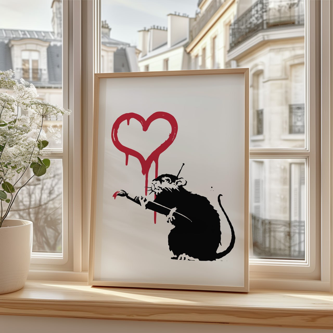 This thought-provoking artwork features a bold and playful design inspired by the iconic street artist Banksy. The piece is elegantly framed and displayed on a sunlit windowsill, allowing its vivid imagery and poignant message to shine through.