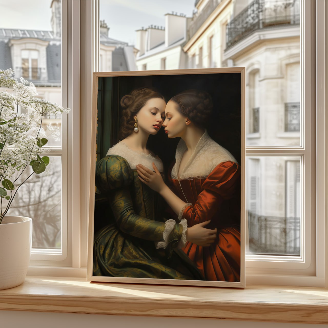 This painting portrays two women in an intimate, tender moment. Both wear elegant, vintage-style dresses—one in green and the other in deep red—with lace collars. They are close, facing each other, and one woman gently places her hand on the other's chest, creating a sense of connection and affection. 