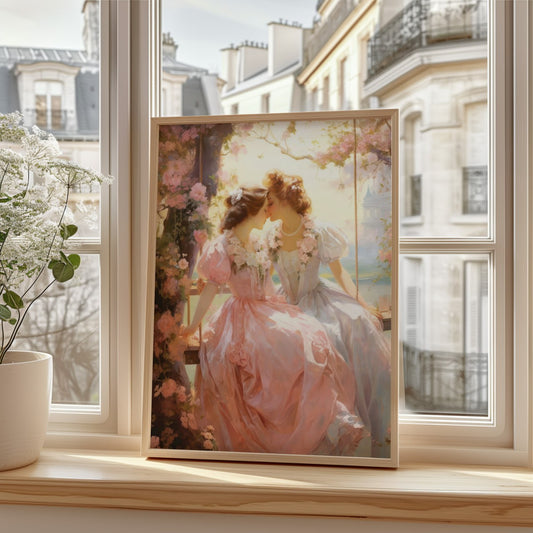 This enchanting artwork captures a tender moment between two young women, beautifully framed and elegantly displayed in a bright interior.