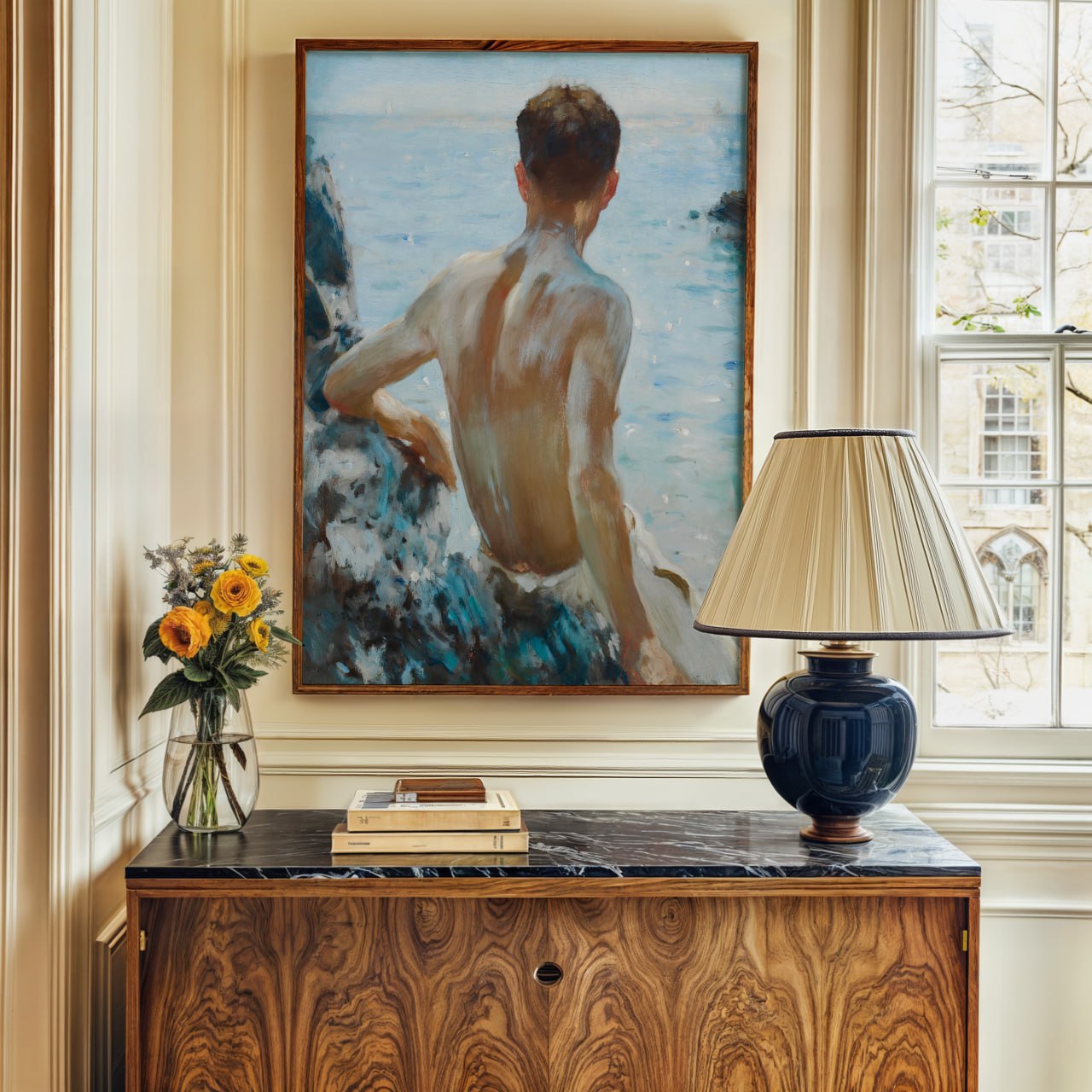 A painting of a man seen from behind, sitting by the edge of a body of water. His bare back is illuminated by soft light, with subtle brushstrokes capturing muscle contours. His right arm rests on a rock, and he gazes over calm blue water. The scene feels peaceful, with soft, natural colors and gentle textures.