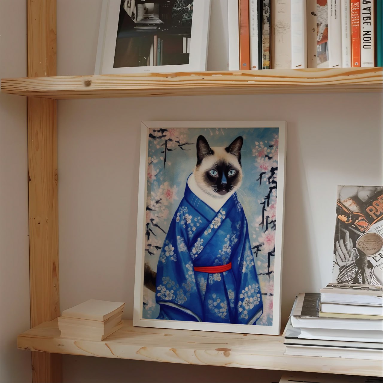 Japanese Cat Art Print | Blue Kimono Siamese Cat