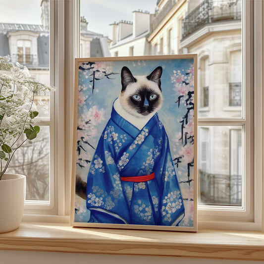 A whimsical portrait of a Siamese cat wearing a blue kimono adorned with white cherry blossoms. The cat has striking blue eyes and gazes forward calmly. The background features soft cherry blossoms and Japanese calligraphy, adding a serene, traditional touch to this playful, cultural fusion