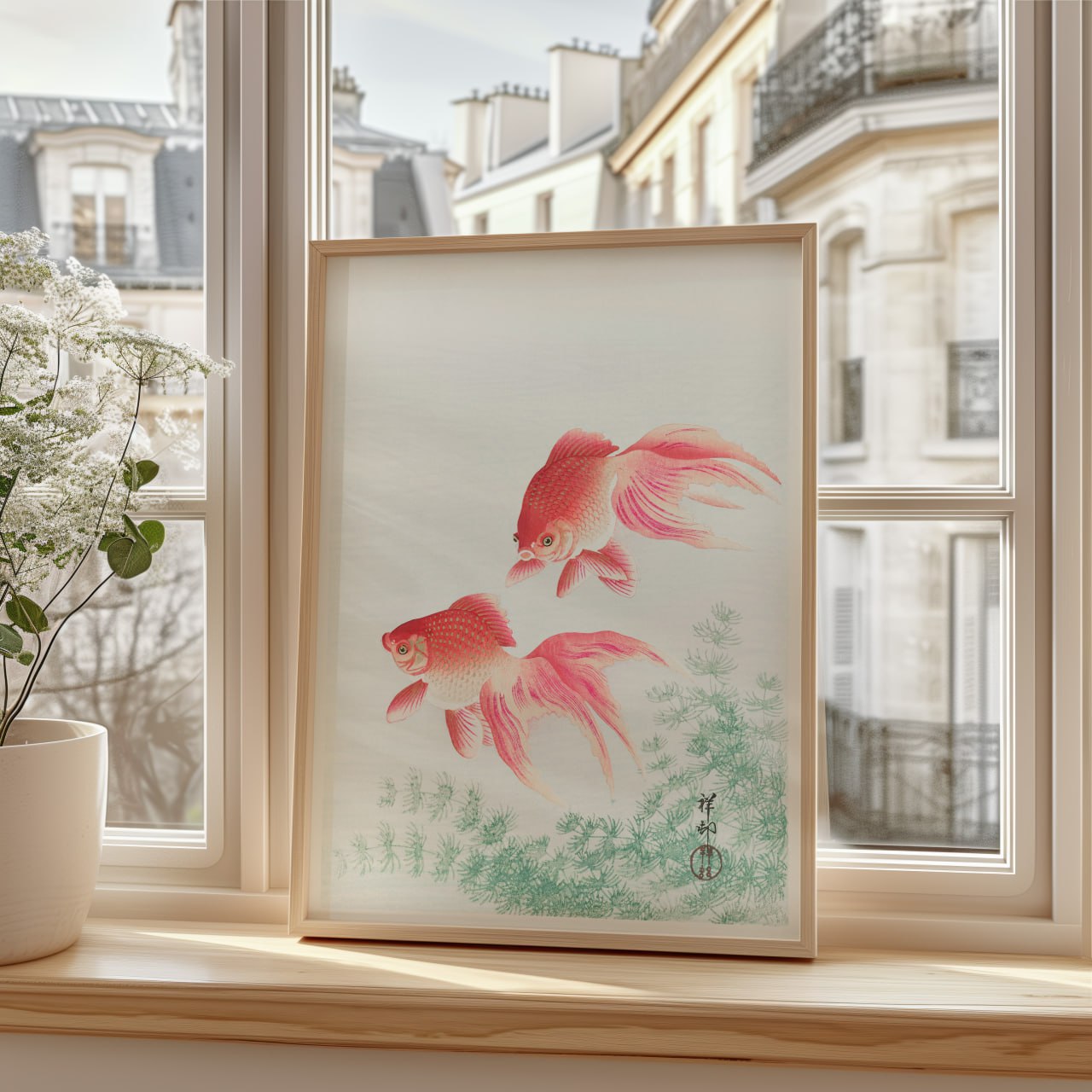 A Japanese-style print of two vibrant pink and red goldfish with flowing tails, swimming gracefully. The fish are set against a light background with delicate green aquatic plants below. The soft colors and fine details give the scene a calm, elegant feel, capturing the beauty of nature.