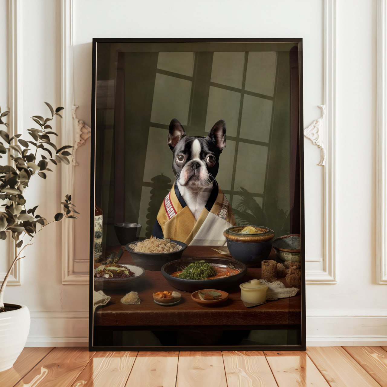 Boston Terrier Dining Scene | Quirky Pet Lovers Wall Art