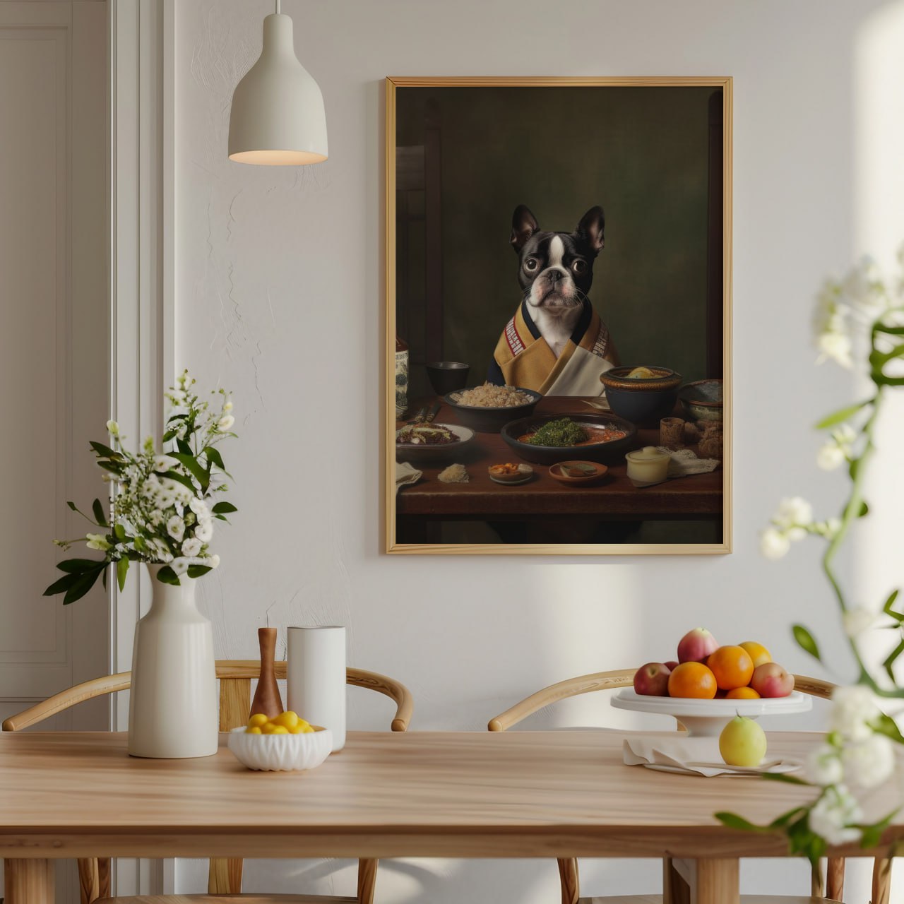 The image showcases a framed painting of a Boston Terrier, anthropomorphized and dressed in traditional clothing, seated at a dinner table that is adorned with a variety of dishes.