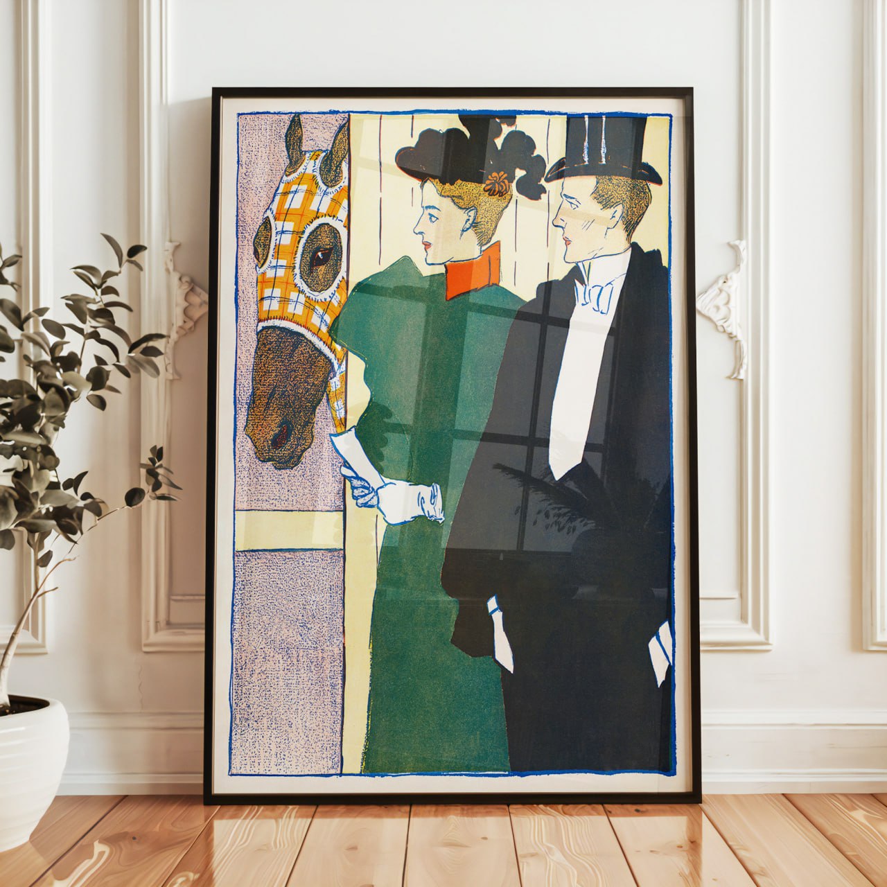 The artwork depicts a stylish couple in formal attire, along with the head of a horse, creating a scene that appears to be set at a horse race or equestrian event.