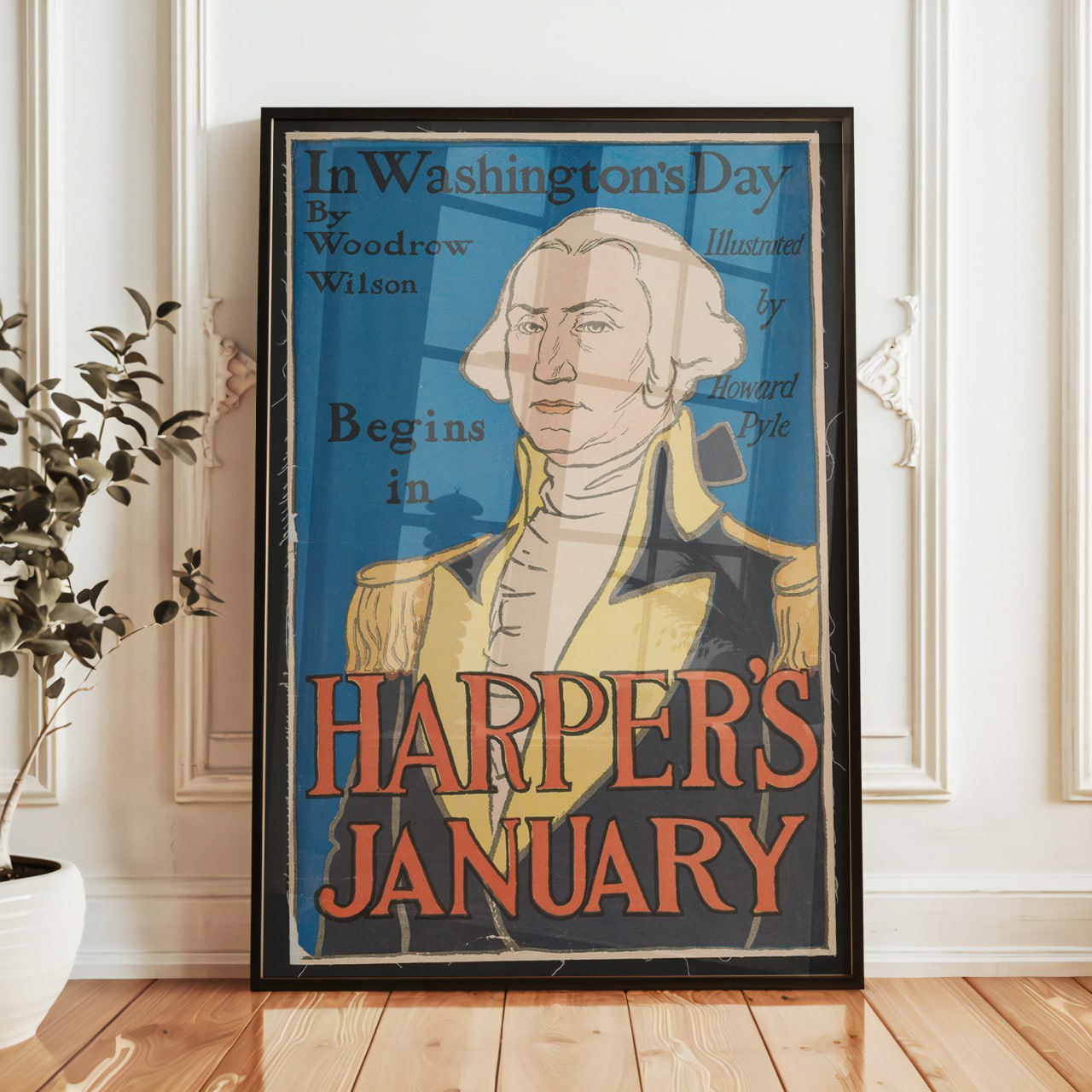 This poster features a vintage illustration of George Washington, depicted in a historical military uniform. He is facing forward with a serious expression.