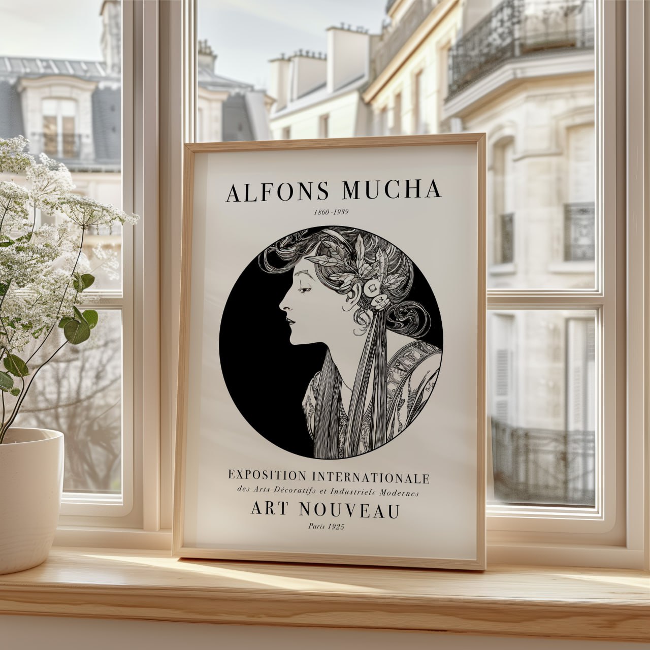 The image shows a framed poster featuring an artwork by Alfons Mucha, a renowned artist associated with the Art Nouveau movement. The poster is placed on a wooden window sill, and through the window, we can see classic Parisian architecture