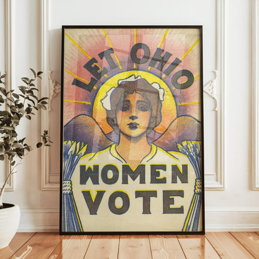 The image features a framed vintage poster advocating for women's suffrage, specifically targeting the campaign for voting rights in Ohio