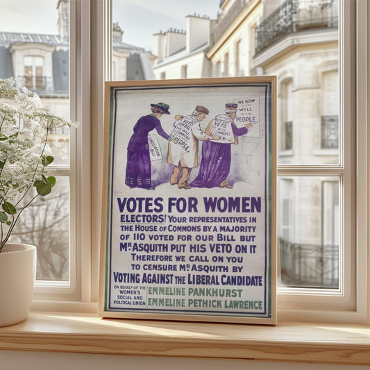 Each woman is holding a sign, and their backs are turned towards the viewer. The signs they carry convey powerful messages aimed at the political leaders of the time