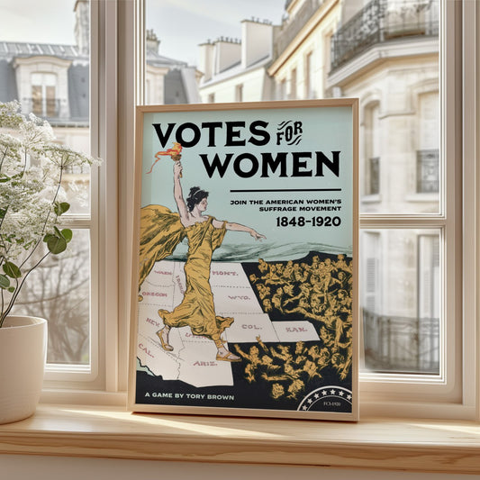 The image displays a framed poster commemorating the American women’s suffrage movement, with a bold and powerful design encouraging the right for women to vote.