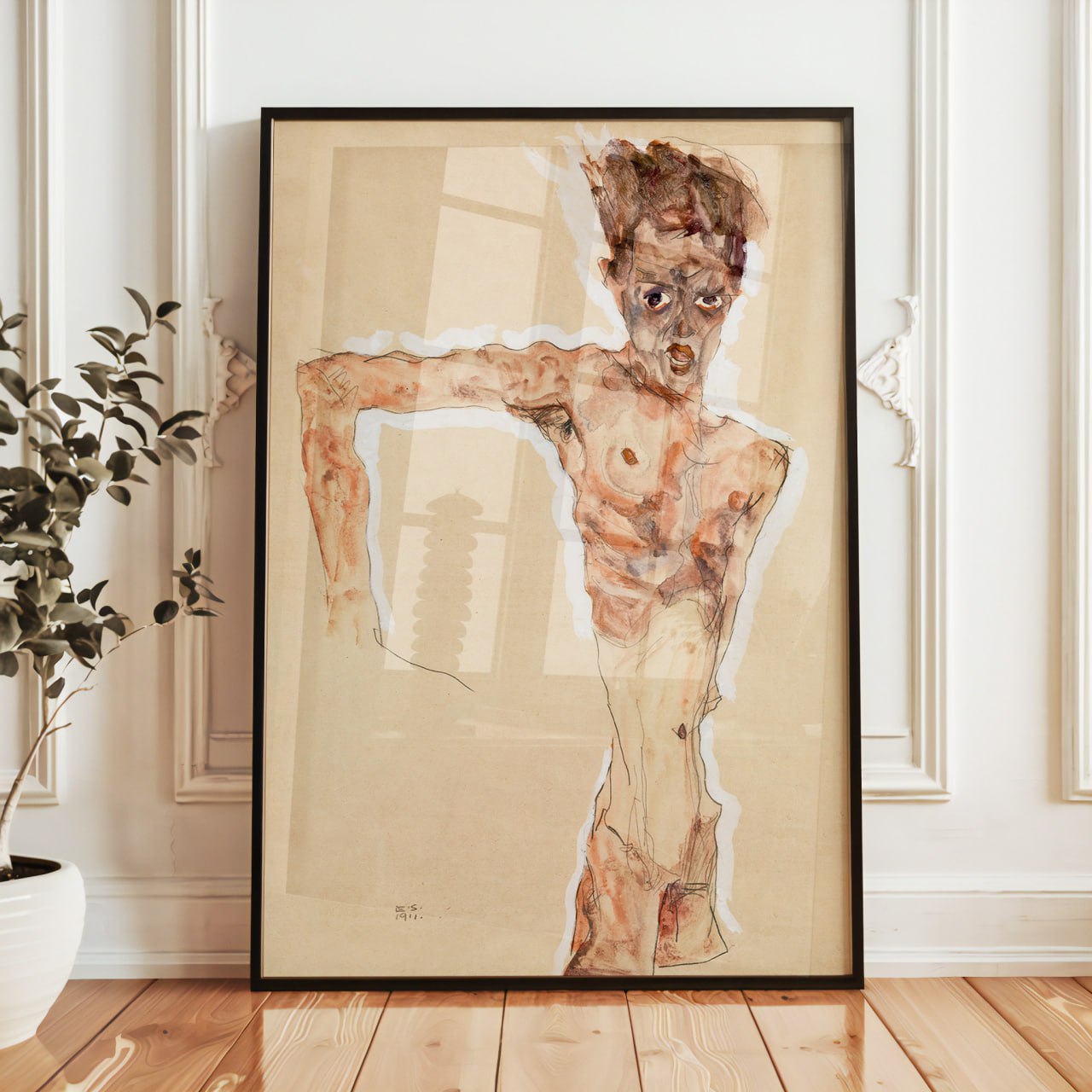 The artwork is an expressive and emotionally intense portrait, done in a style reminiscent of Egon Schiele, known for his raw depictions of the human form and psyche