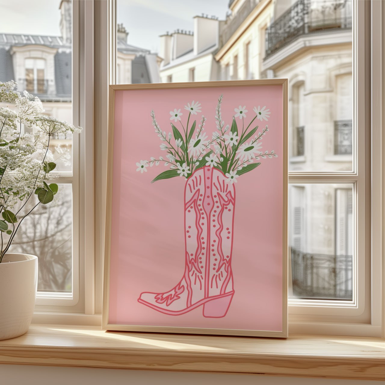 Retro Cowgirl Boot Pink Poster | Funky Floral Wall Art