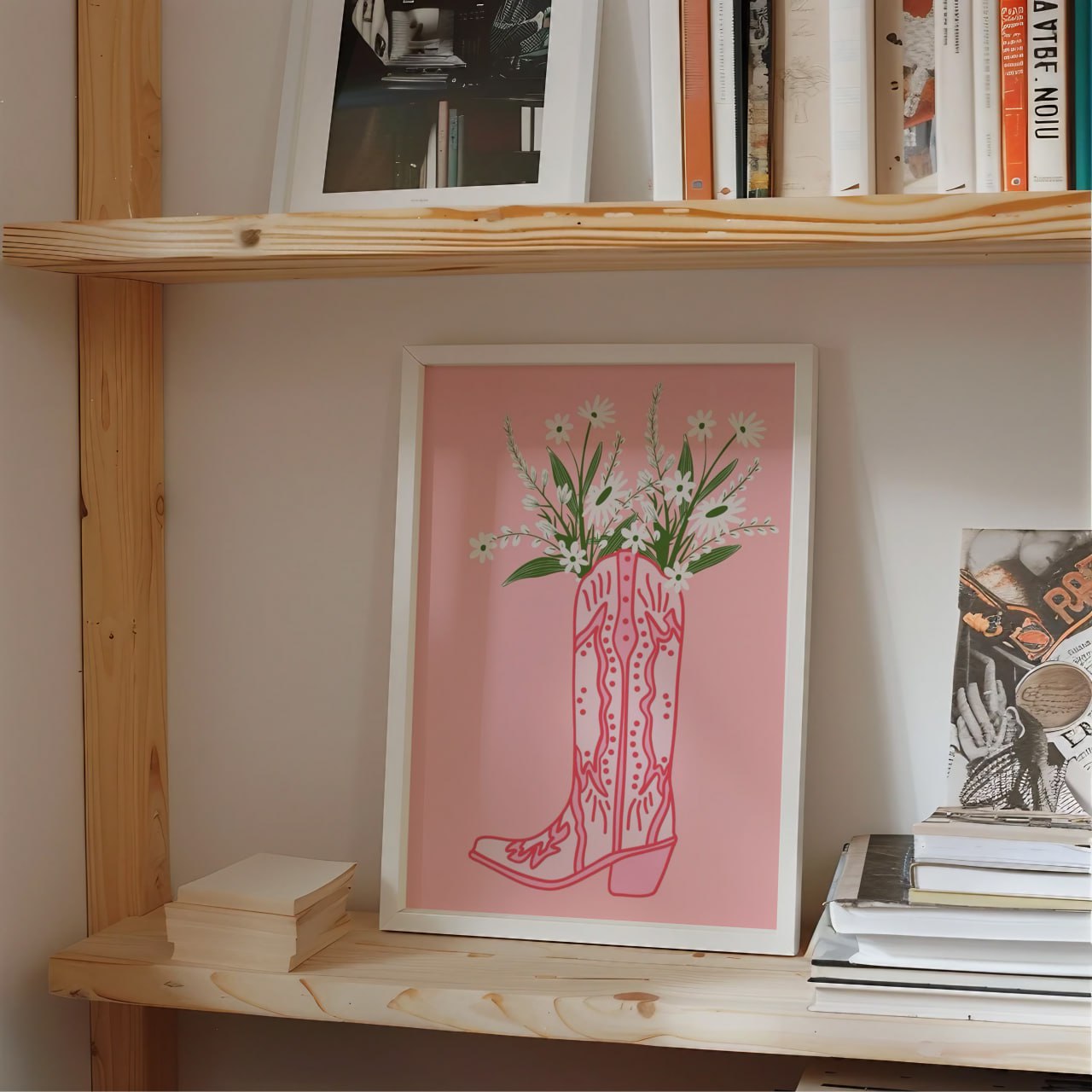 Retro Cowgirl Boot Pink Poster | Funky Floral Wall Art