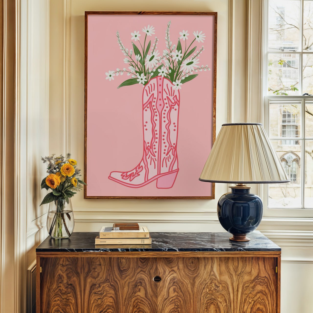 Retro Cowgirl Boot Pink Poster | Funky Floral Wall Art