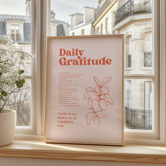 The artwork inside the frame focuses on the theme of gratitude and is titled Daily Gratitude