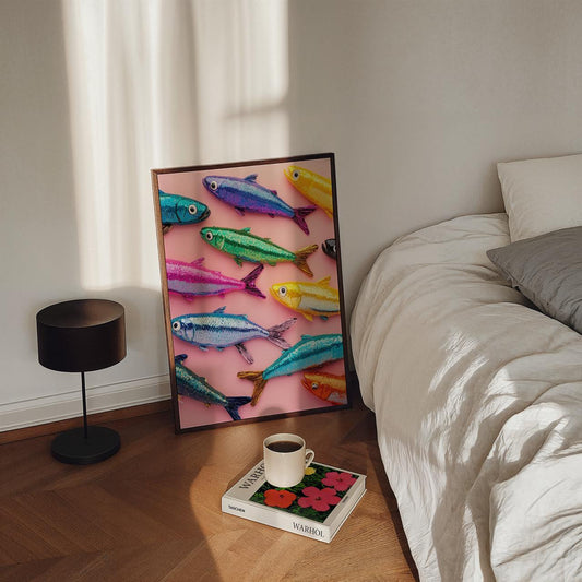 Colorful fish artwork on a wall above a bed with a lamp and coffee cup on a nightstand.