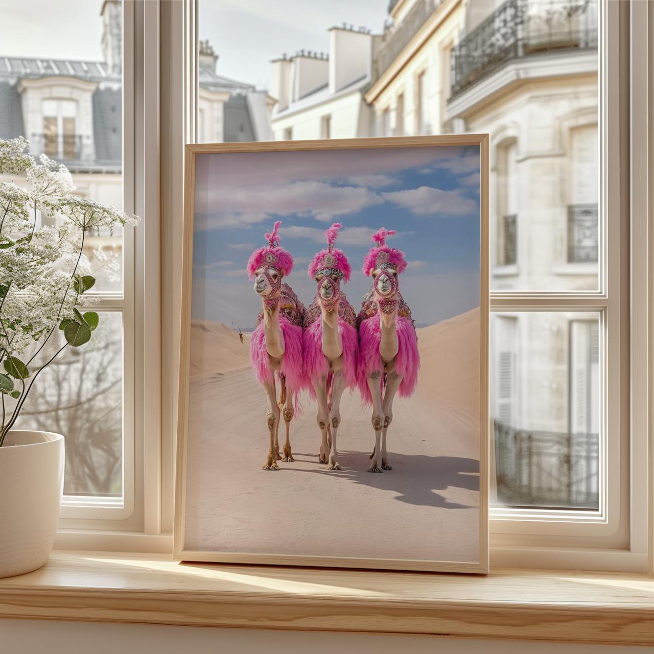 Three camels are walking side by side through a sandy desert. Each camel is dressed in bright pink feathers and detailed accessories, with matching pink headpieces. The sky above is clear with light clouds, creating a vivid contrast against the beige dunes and flamboyant outfits.