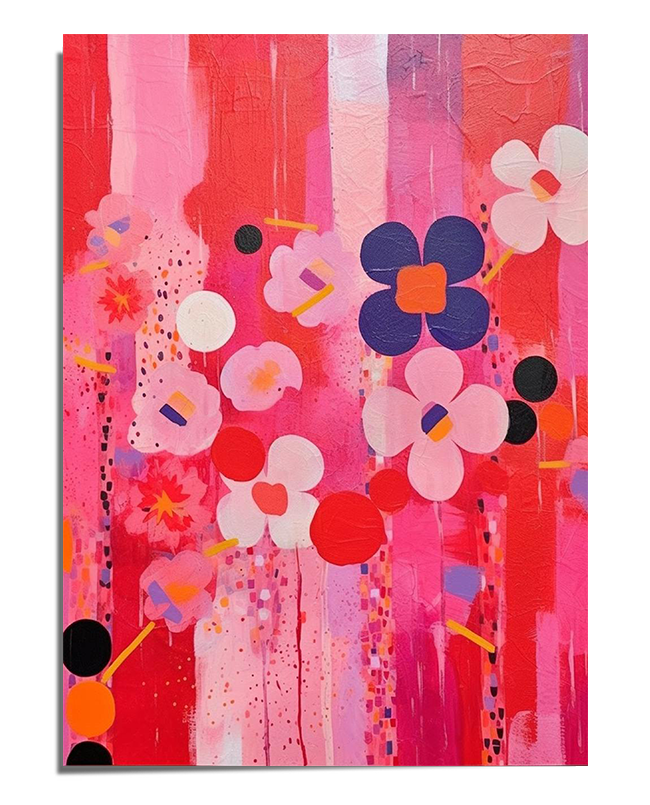 A modern abstract art print featuring stylized flowers in pink, red, and purple tones against a textured background. The composition is vibrant, playful, and expressive, creating a lively visual effect.