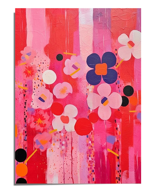 A modern abstract art print featuring stylized flowers in pink, red, and purple tones against a textured background. The composition is vibrant, playful, and expressive, creating a lively visual effect.