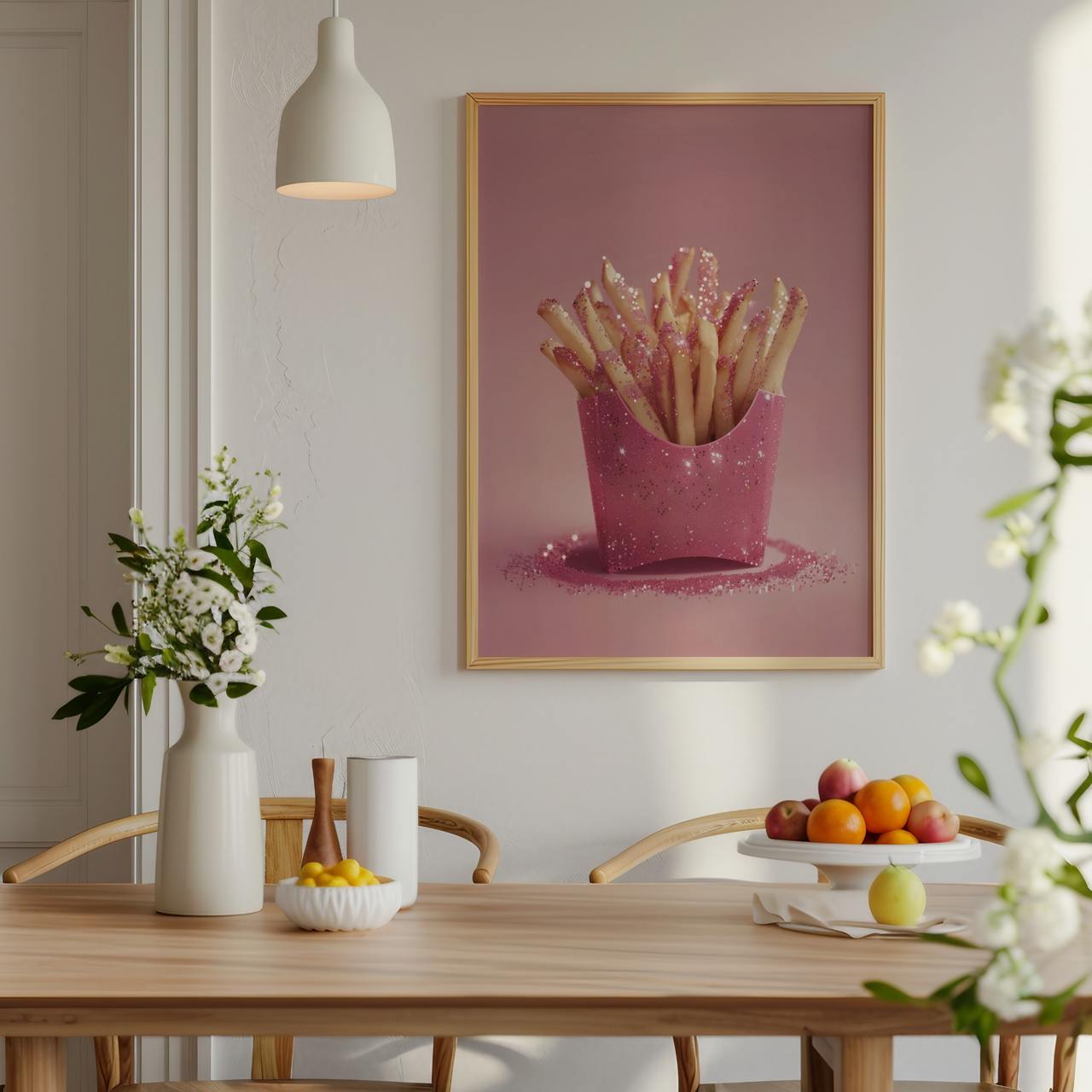 Framed artwork of a pink cup with french fries on a wall above a dining table.
